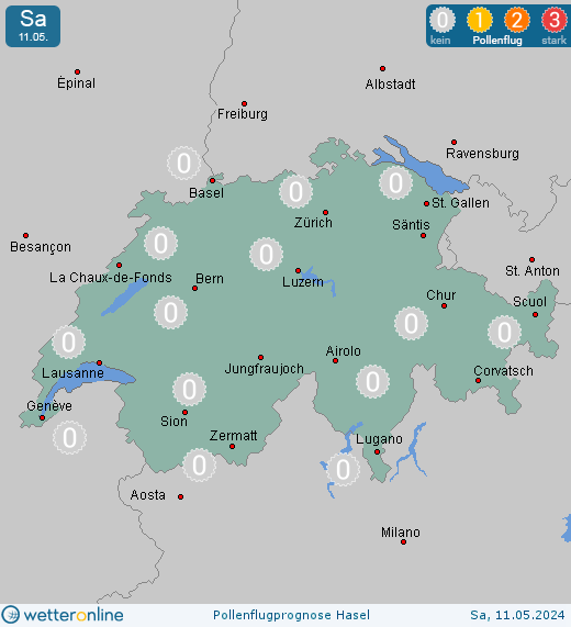Schweiz: Pollenflugvorhersage Hasel für Freitag, den 29.03.2024