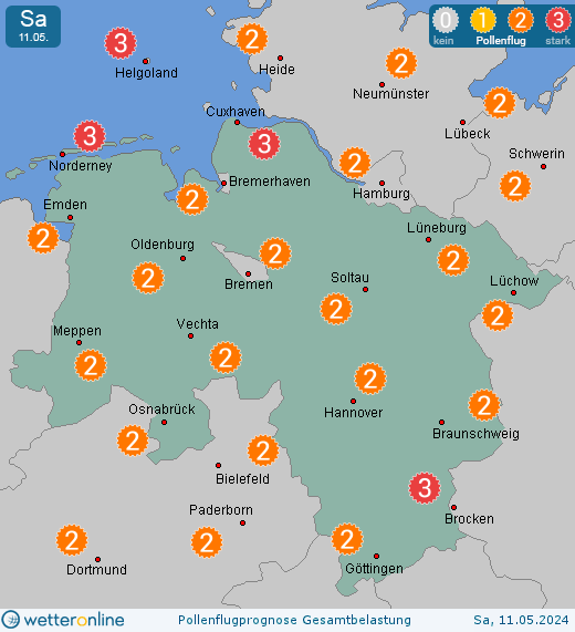 Niedersachsen: Pollenflugvorhersage Gesamtbelastung für Dienstag, den 16.04.2024
