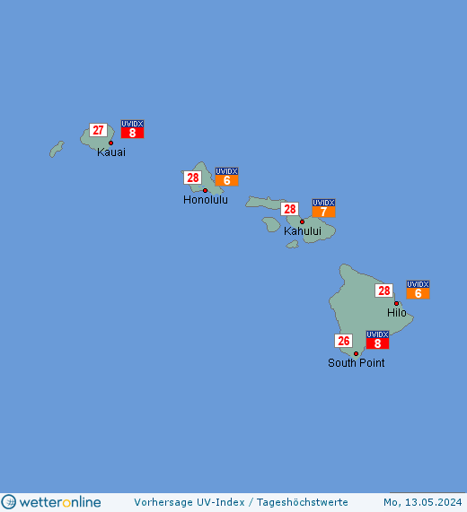 Hawaii-Inseln: UV-Index-Vorhersage für Freitag, den 19.04.2024