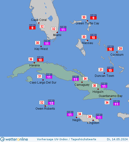 Kuba: UV-Index-Vorhersage für Mittwoch, den 24.04.2024