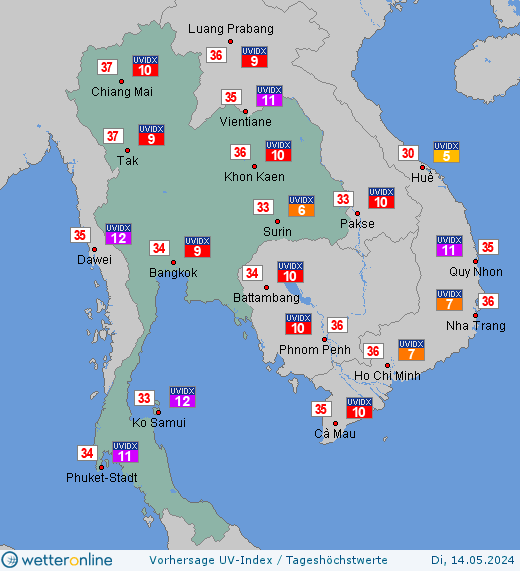 Thailand: UV-Index-Vorhersage für Mittwoch, den 24.04.2024