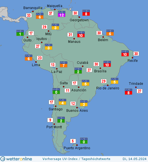 Südamerika: UV-Index-Vorhersage für Mittwoch, den 24.04.2024