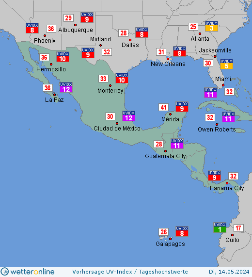 Zentralamerika: UV-Index-Vorhersage für Donnerstag, den 25.04.2024