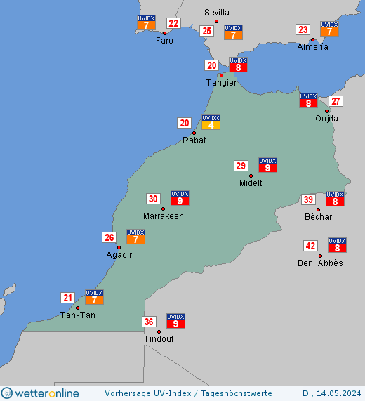 Marokko: UV-Index-Vorhersage für Donnerstag, den 25.04.2024