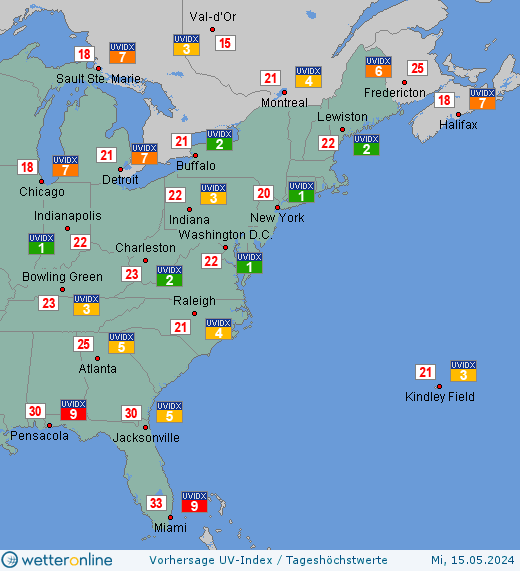 US-Ostküste: UV-Index-Vorhersage für Freitag, den 26.04.2024