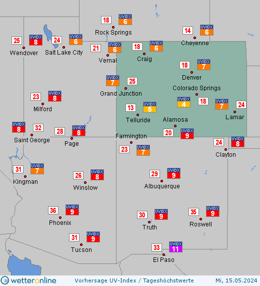 Colorado: UV-Index-Vorhersage für Freitag, den 26.04.2024