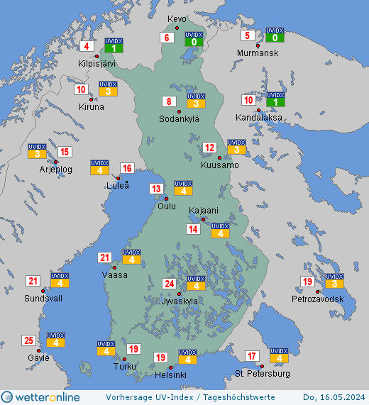 Finnland: UV-Index-Vorhersage für Freitag, den 26.04.2024