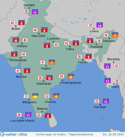 Indien: UV-Index-Vorhersage für Freitag, den 26.04.2024