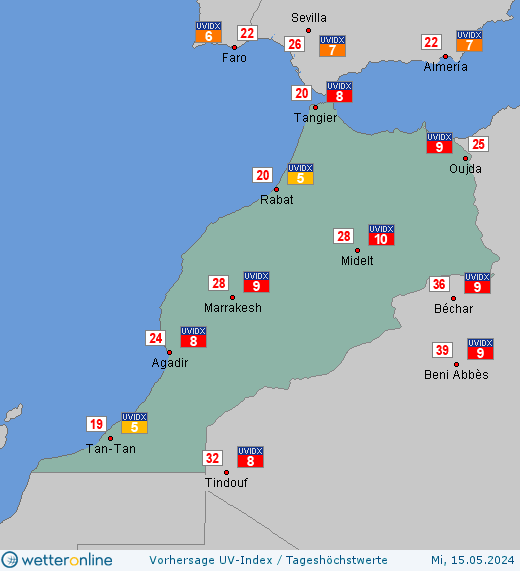 Marokko: UV-Index-Vorhersage für Freitag, den 26.04.2024
