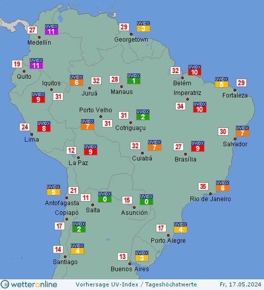 Mittleres Südamerika: UV-Index-Vorhersage für Samstag, den 27.04.2024