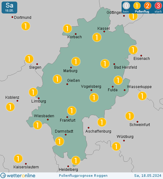 Wiesbaden: Pollenflugvorhersage Roggen für Samstag, den 27.04.2024