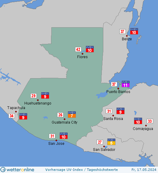 Guatemala: UV-Index-Vorhersage für Samstag, den 27.04.2024