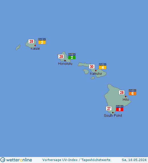 Hawaii-Inseln: UV-Index-Vorhersage für Samstag, den 27.04.2024