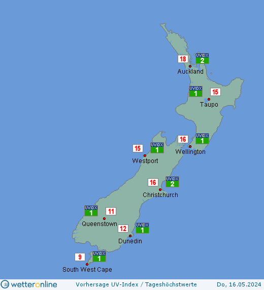Neuseeland: UV-Index-Vorhersage für Samstag, den 27.04.2024