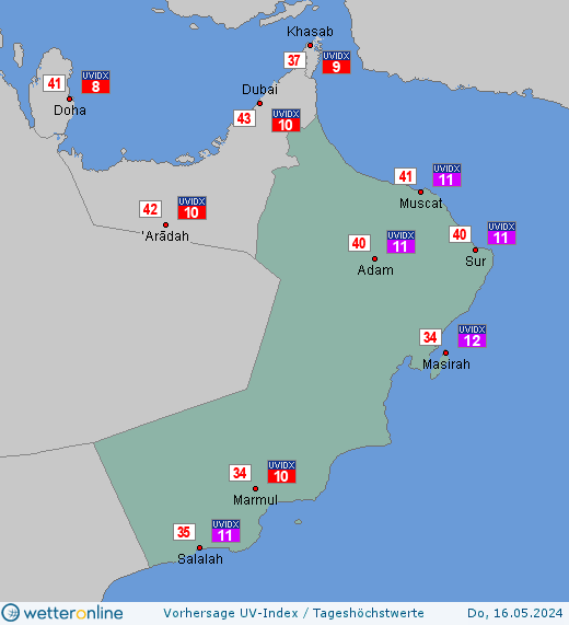 Oman: UV-Index-Vorhersage für Samstag, den 27.04.2024