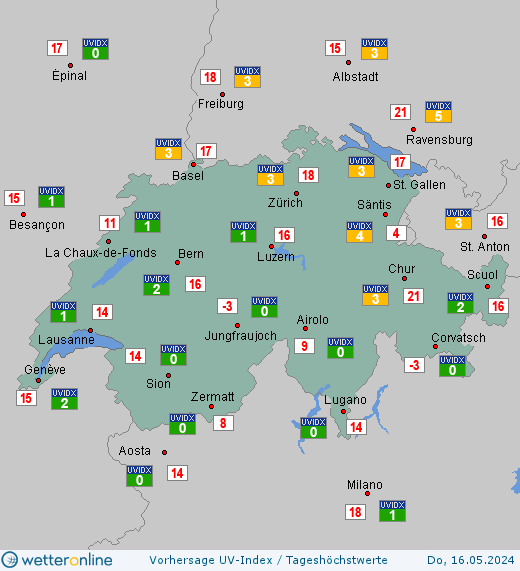 Schweiz: UV-Index-Vorhersage für Samstag, den 27.04.2024