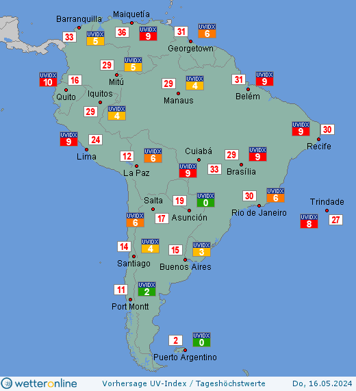 Südamerika: UV-Index-Vorhersage für Samstag, den 27.04.2024