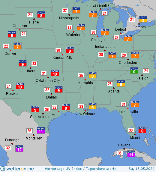 Südstaaten: UV-Index-Vorhersage für Sonntag, den 28.04.2024