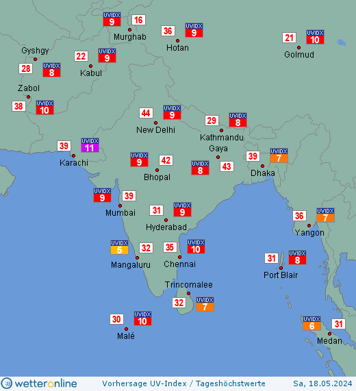 Südasien: UV-Index-Vorhersage für Sonntag, den 28.04.2024