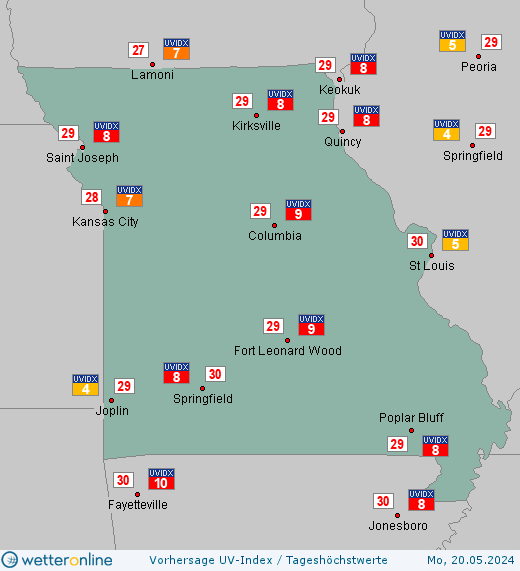 Missouri: UV-Index-Vorhersage für Sonntag, den 28.04.2024