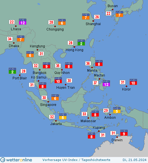 Südostasien: UV-Index-Vorhersage für Montag, den 29.04.2024