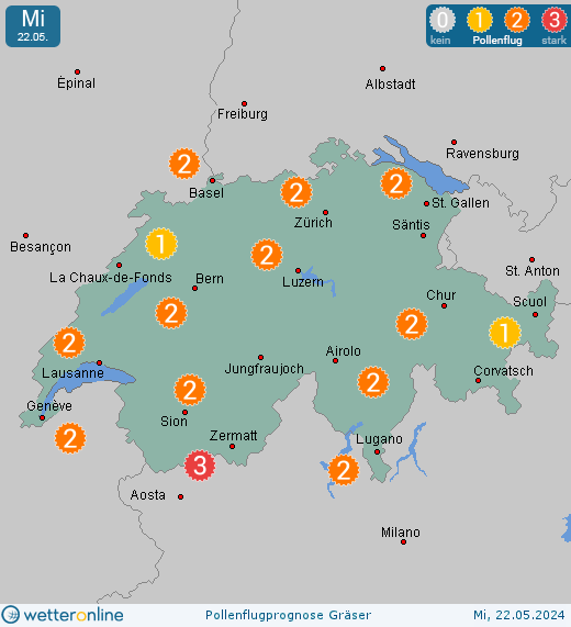 Luzern: Pollenflugvorhersage Gräser für Montag, den 29.04.2024