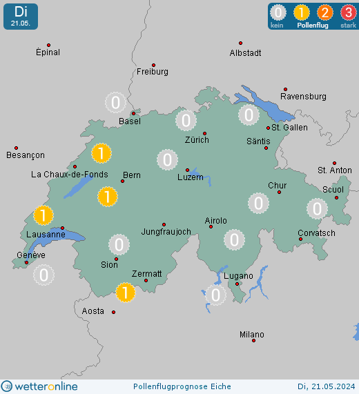 Chur: Pollenflugvorhersage Eiche für Montag, den 29.04.2024