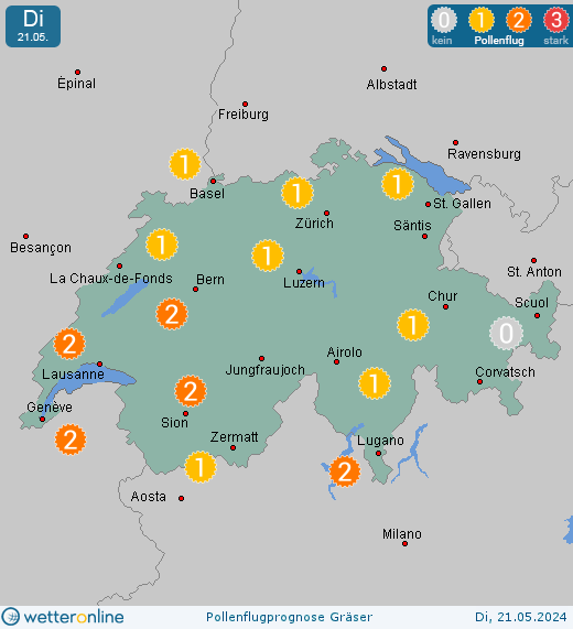 St. Moritz: Pollenflugvorhersage Gräser für Montag, den 29.04.2024