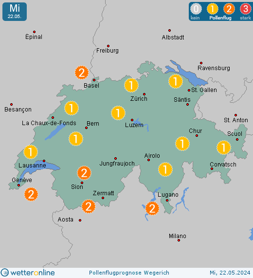 Saas-Fee: Pollenflugvorhersage Wegerich für Montag, den 29.04.2024