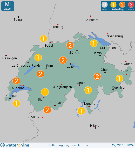 Saas-Fee: Pollenflugvorhersage Ampfer für Montag, den 29.04.2024