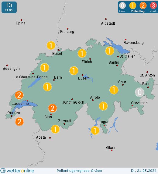 Grindelwald: Pollenflugvorhersage Gräser für Montag, den 29.04.2024