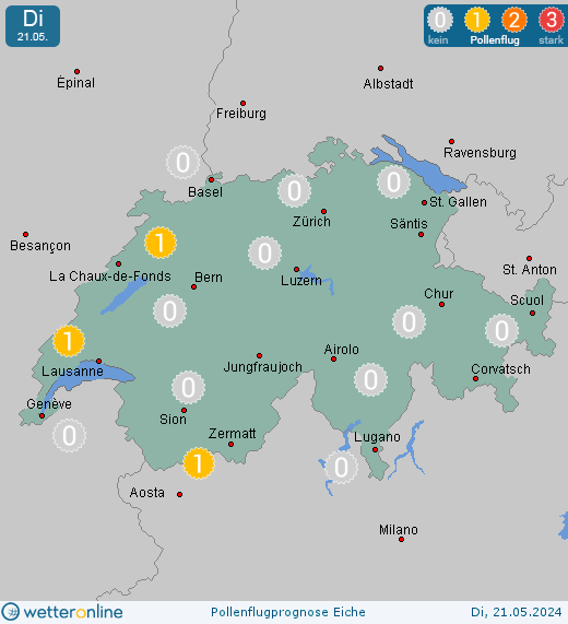 Schweiz: Pollenflugvorhersage Eiche für Montag, den 29.04.2024