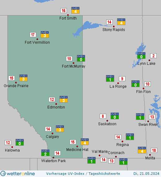 Alberta: UV-Index-Vorhersage für Montag, den 29.04.2024