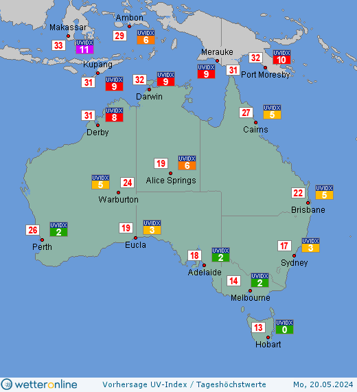 Australien: UV-Index-Vorhersage für Montag, den 29.04.2024