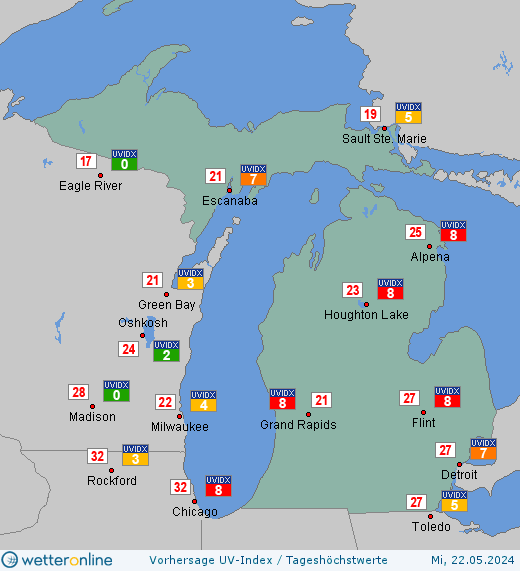 Michigan: UV-Index-Vorhersage für Montag, den 29.04.2024