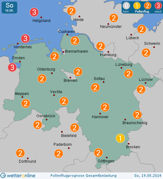 Niedersachsen: Pollenflugvorhersage Gesamtbelastung für Montag, den 29.04.2024