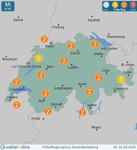 Schweiz: Pollenflugvorhersage Gesamtbelastung für Dienstag, den 30.04.2024