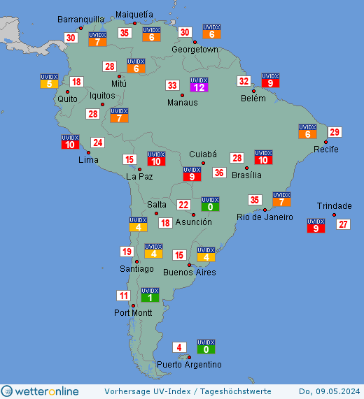 Südamerika: UV-Index-Vorhersage für Samstag, den 21.05.2022