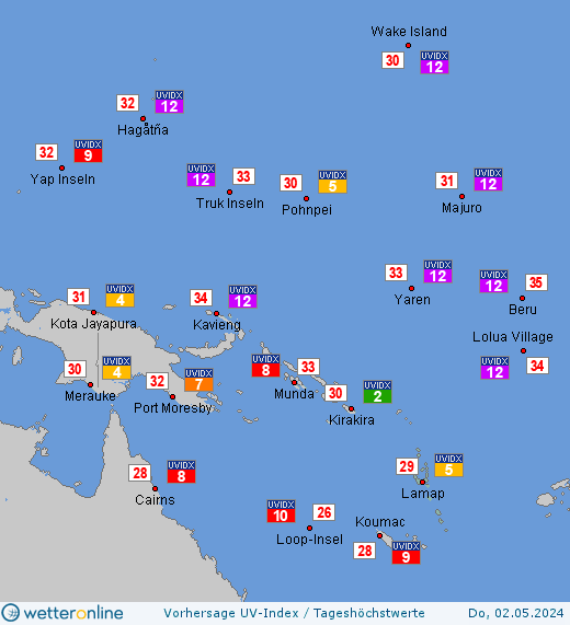 Vanuatu: UV-Index-Vorhersage für Dienstag, den 28.06.2022