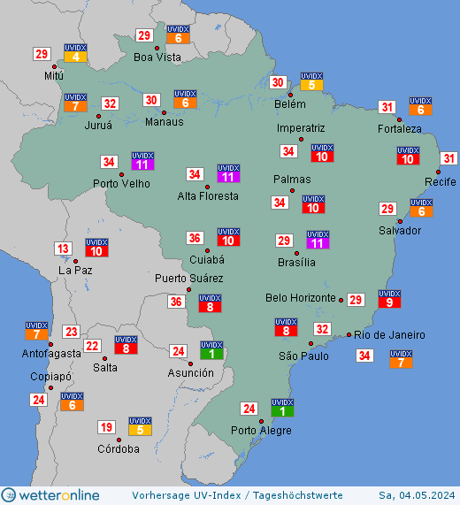 Brasilien: UV-Index-Vorhersage für Mittwoch, den 10.08.2022