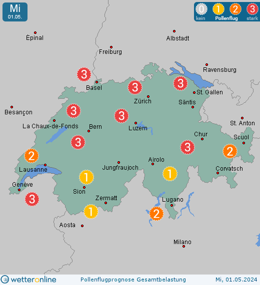 Schweiz: Pollenflugvorhersage Gesamtbelastung für Donnerstag, den 11.08.2022