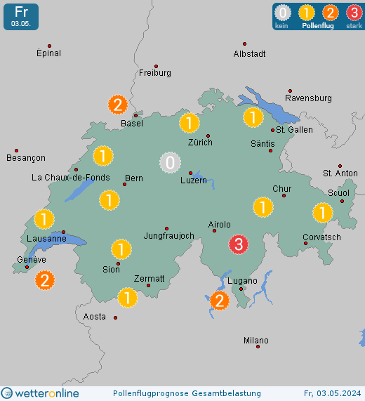 Schweiz: Pollenflugvorhersage Gesamtbelastung für Samstag, den 13.08.2022