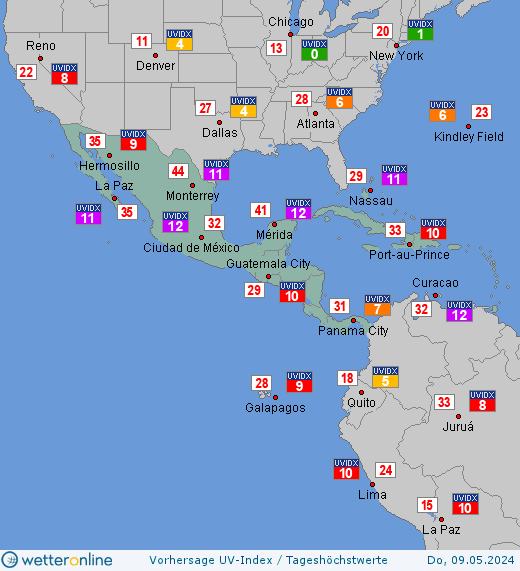 Mittelamerika: UV-Index-Vorhersage für Donnerstag, den 18.08.2022