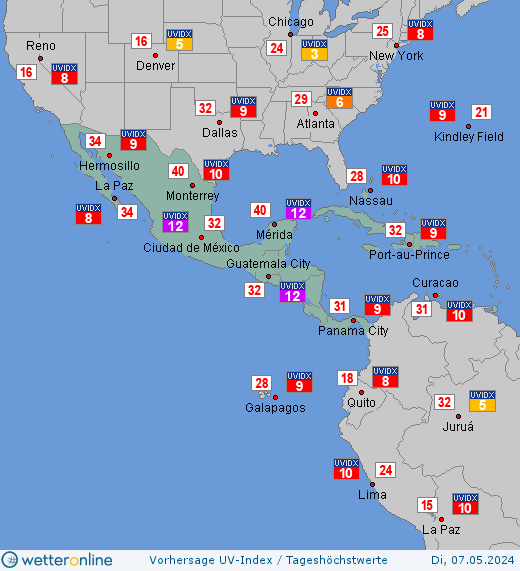 Mittelamerika: UV-Index-Vorhersage für Dienstag, den 04.10.2022