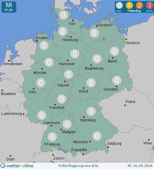Deutschland: Pollenflugvorhersage Erle für Montag, den 28.11.2022