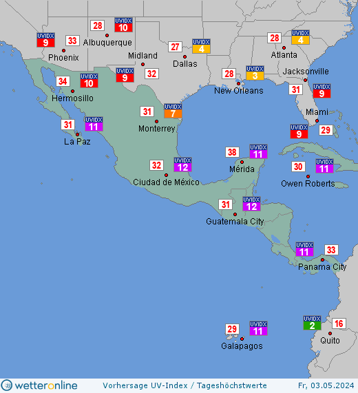 Zentralamerika: UV-Index-Vorhersage für Montag, den 05.12.2022