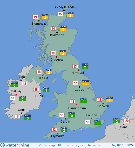 Vereinigtes Königreich: UV-Index-Vorhersage für Montag, den 05.12.2022