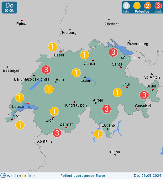 Bern: Pollenflugvorhersage Eiche für Samstag, den 28.01.2023