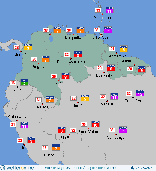 Nördliches Südamerika: UV-Index-Vorhersage für Sonntag, den 29.01.2023