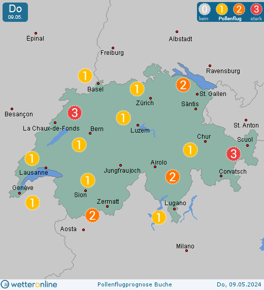 Gasel: Pollenflugvorhersage Buche für Montag, den 29.05.2023